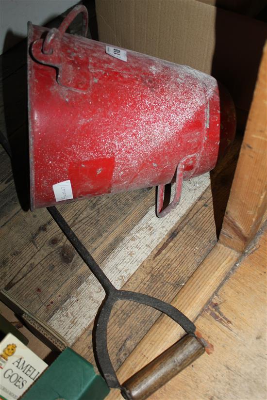 Victorian red metal fire bucket with rounded base & metal tool(-)